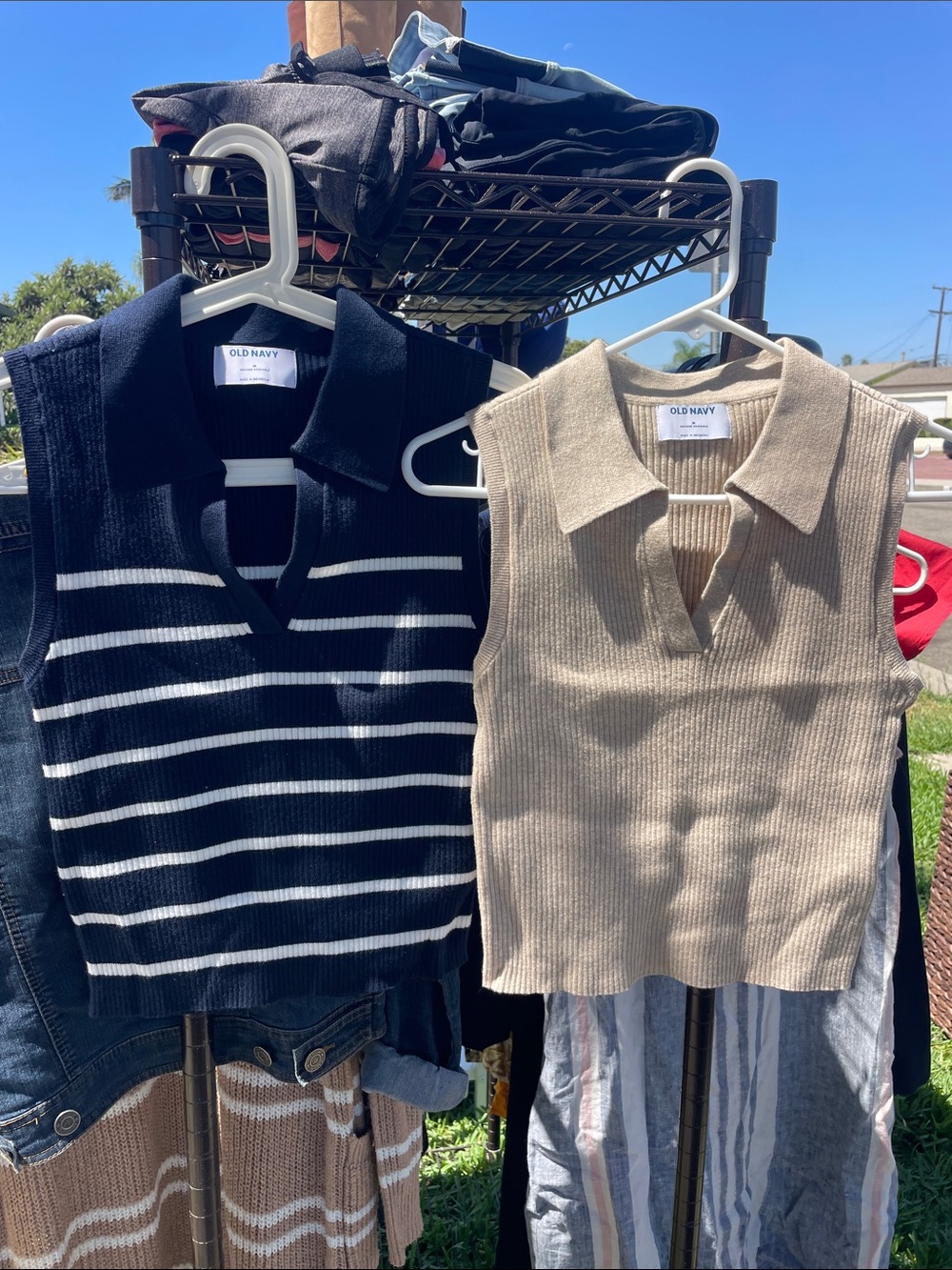 Old Navy Women's Navy & White Striped + Beige Sleeveless V-Neck Polo Sweaters